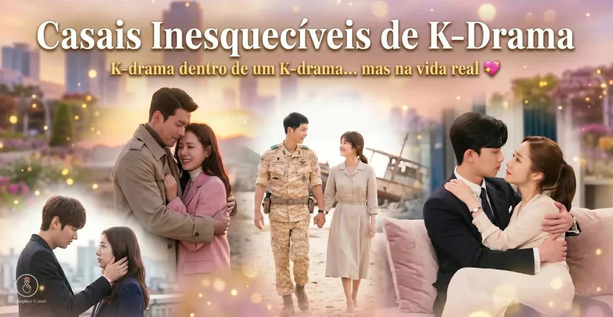 Montagem de quatro casais famosos de K-Drama sob o título Casais Inesquecíveis de K-Drama. Inclui cenas românticas de Lee Min-ho e Kim Go-eun, Hyun Bin e Son Ye-jin, Song Joong-ki e Song Hye-kyo, e Park Seo-joon com Park Min-young.