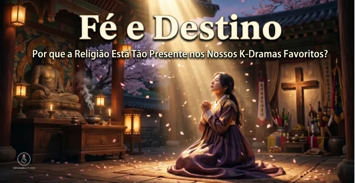 Mulher coreana em hanbok roxo ajoelhada em oração em um templo antigo com elementos budistas e cristãos, luz divina caindo sobre ela, representando Fé e Destino nos K-Dramas.