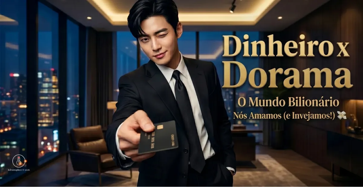 Imagem promocional de destaque para o blog Kdramaplace. No centro, um homem coreano jovem, atraente e elegante (estilo chaebol herdeiro) veste um terno social preto de grife, camisa branca e gravata escura. Ele dá uma piscadinha charmosa para a câmera enquanto estende com a mão direita um cartão de crédito preto fosco minimalista sem limites (Black Card) com detalhes em chip dourado. O cenário de fundo é uma luxuosa cobertura de apartamento de alto padrão em Seul, com grandes janelas de vidro que mostram a vista panorâmica de prédios iluminados à noite, além de uma poltrona de couro marrom. No lado direito, consta em letras grandes douradas metálicas em 3D o letreiro "Dinheiro x Dorama" e abaixo a frase em letras menores "O Mundo Bilionário Nós Amamos (e Invejamos!) 💸". No canto inferior direito, consta a marca d'água digital do site Kdramaplace 2026.