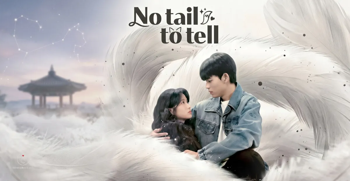 Pôster oficial de destaque do dorama de romance e fantasia No Tail to Tell (2026). No centro, a atriz Kim Hye-yoon, interpretando a gumiho Eun-ho, e o ator Park Solomon (Lomon), como o jogador de futebol Kang Si-yeol, aparecem sentados de forma aconchegante. Ela possui longos cabelos escuros e o abraça delicadamente, enquanto ele, vestindo uma jaqueta jeans azul moderna, a envolve com o braço esquerdo enquanto trocam um olhar romântico e íntimo. Eles estão cercados e acolhidos por caudas brancas gigantes, peludas e felpudas de raposa que se estendem pelas laterais. Ao fundo, sob um céu enevoado de fim de tarde em tons pastéis, avista-se um templo coreano tradicional (pavilhão) e o desenho de uma constelação estelar em formato de raposa brilhando no céu. No topo central, consta o logotipo com o título "No tail to tell" estilizado em letras pretas com o detalhe de orelhas e cauda de gato na tipografia. No canto inferior esquerdo, consta a marca d'água digital circular do site Kdramaplace 2026.