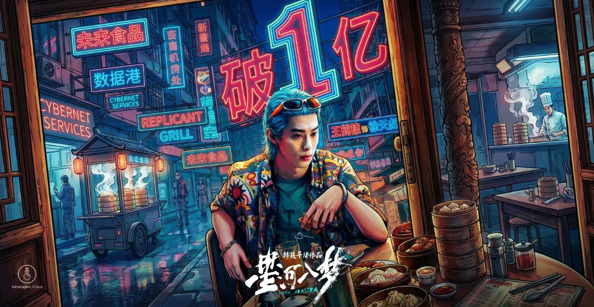 Ilustração artística e promocional em estilo manhua/quadrinhos cyberpunk do dorama Per Aspera Ad Astra (2026). No centro, o personagem do ator Dylan Wang aparece desenhado de forma estilizada, com cabelos azuis e óculos escuros na cabeça, vestindo uma camisa estampada colorida e olhando para o lado enquanto está sentado em uma mesa de restaurante com cestos de dim sum e guiozas fumegantes. O cenário de fundo é uma rua futurista movimentada à noite, repleta de letreiros em neon vermelho e azul brilhantes com escritas em chinês e inglês, incluindo as frases "Replicant Grill", "Cybernet Services", "未来食品" e o grande letreiro comemorativo "破1亿", indicando que a série ultrapassou 100 milhões de visualizações. No lado direito, através de uma porta de madeira, avista-se a cozinha interna com um chefe preparando alimentos. No canto inferior esquerdo consta o logotipo circular do site Kdramaplace 2026.