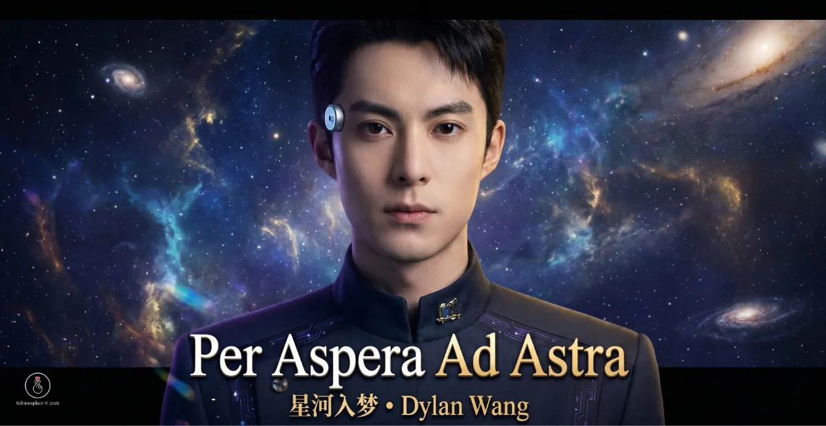 Cartaz oficial promocional do dorama de ficção científica Per Aspera Ad Astra (2026). No centro, em close-up, o ator chinês Dylan Wang exibe uma expressão séria, focada e intensa. Ele possui um pequeno dispositivo circular prateado futurista acoplado à têmpora direita e veste um uniforme militar espacial azul-escuro de gola alta com um broche dourado. O fundo é um cenário espacial deslumbrante e profundo, exibindo galáxias espirais detalhadas, poeira cósmica em tons de azul e dourado e milhares de estrelas brilhantes. Na parte inferior, constam os títulos "Per Aspera Ad Astra" em letras douradas serifadas grandes e o nome do ator em escrita chinesa e inglesa como "Dylan Wang". No canto inferior esquerdo, consta o logotipo circular do site Kdramaplace 2026.