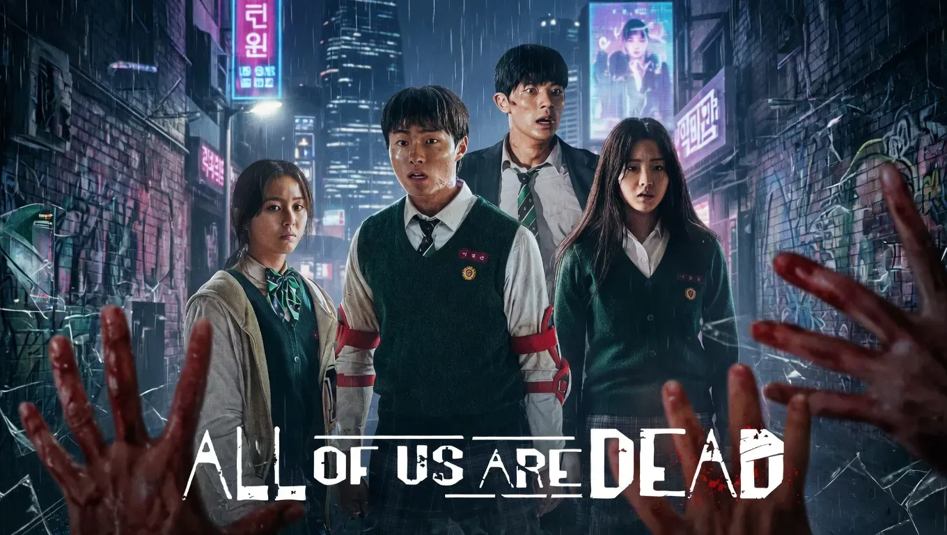 Pôster oficial do dorama All of Us Are Dead da Netflix mostrando os quatro estudantes protagonistas em um beco urbano escuro com mãos ensanguentadas em primeiro plano.