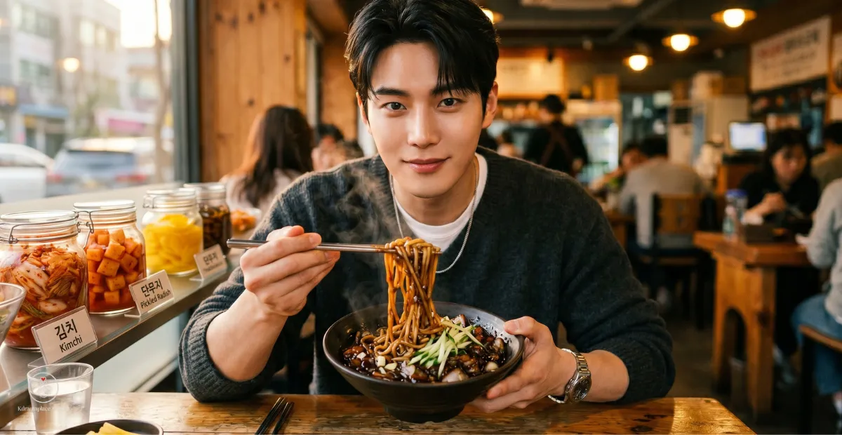 Foto em destaque de um homem coreano jovem e atraente sorrindo para a câmera enquanto janta em um restaurante tradicional na Coreia. Ele segura um par de hashis de metal levantando uma porção de Jajangmyeon (macarrão com molho de soja preta) de uma tigela preta. Na mesa de madeira à esquerda, há potes de vidro com conservas típicas identificadas com etiquetas em coreano e inglês: Kimchi, Kkakdugi e Danmuji (Pickled Radish). O fundo mostra o ambiente aconchegante do restaurante com iluminação quente. No canto inferior esquerdo, consta a marca d'água digital do site Kdramaplace.