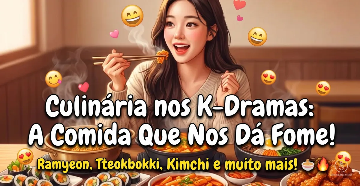 Mesa farta de culinária coreana com pratos típicos como Kimchi, Frango Frito Coreano e Bibimbap, ilustrando o tema de comida em K-dramas.