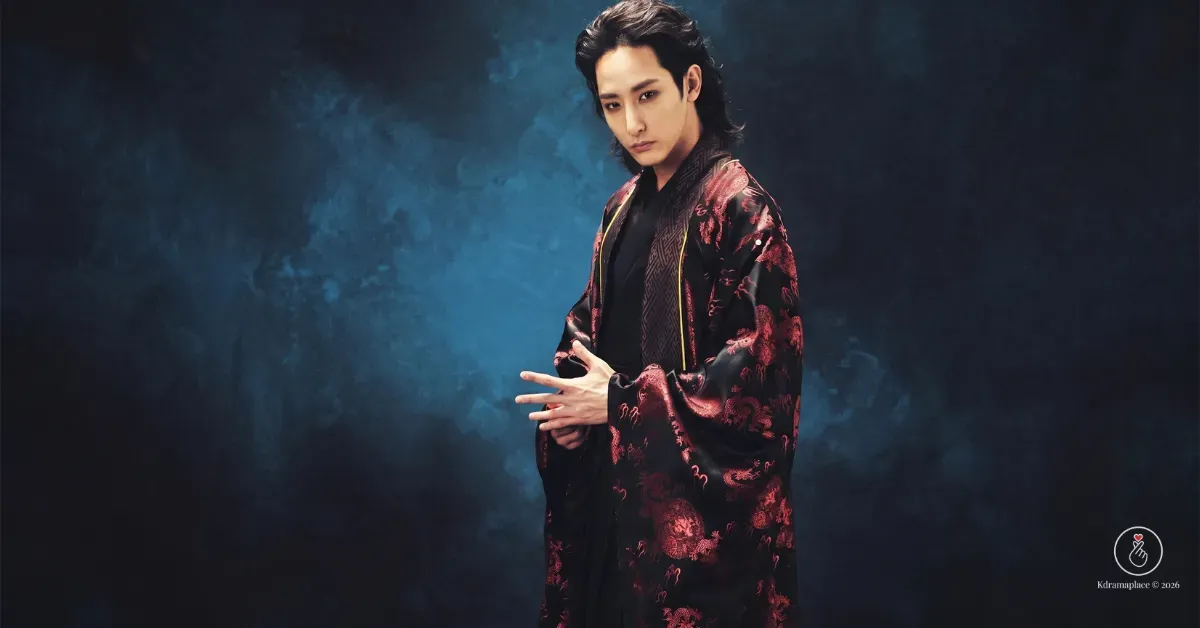 Pôster oficial de personagem do dorama Scholar Who Walks the Night, mostrando o ator sul-coreano Lee Soo-hyuk posando de perfil com olhar intenso e sombrio. Ele interpreta o vampiro Gwi, possui cabelos longos ondulados e veste um robe tradicional luxuoso de seda preta com estampas de dragões vermelhos e bordas douradas, sob um fundo abstrato azul e escuro.

