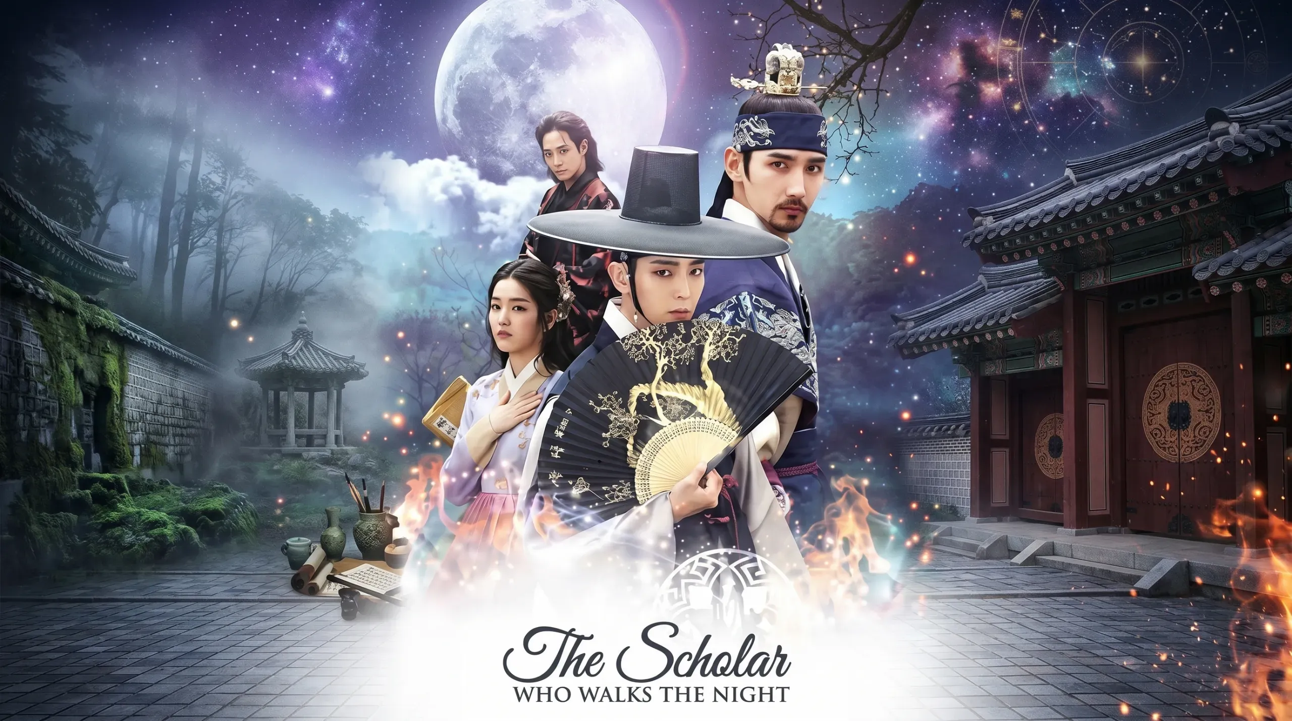 Pôster oficial panorâmico em inglês do dorama coreano Scholar Who Walks the Night, mostrando em destaque o ator Lee Joon-gi de chapéu preto segurando um leque aberto preto e dourado. Ao lado dele, aparecem os atores Lee Yu-bi de hanbok lilás, Shim Chang-min com coroa real e Lee Soo-hyuk ao fundo, sob um céu místico com lua cheia gigante e galáxia roxa, cercados por palácios antigos e o título centralizado na parte inferior.