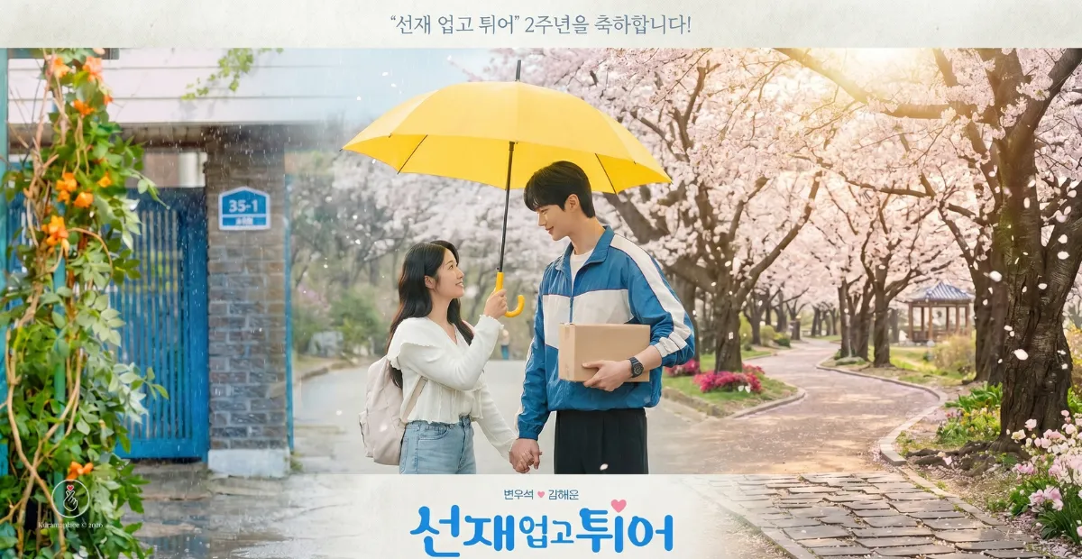 Ryu Sun-jae segura um guarda-chuva amarelo sobre Im Sol durante uma tarde chuvosa, destacando a diferença de altura entre os atores.