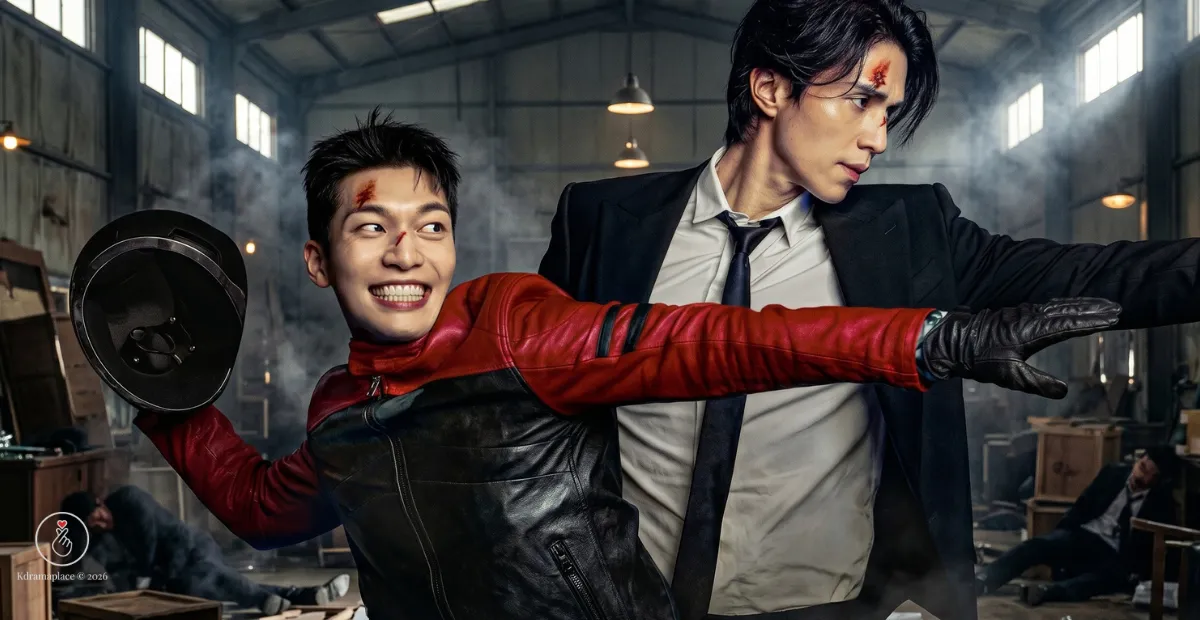 Pôster oficial de destaque do dorama Bad and Crazy. A imagem é dividida ao meio na vertical, simulando uma carta de baralho rasgada. Do lado esquerdo, o ator Lee Dong-wook, interpretando o detetive corrupto Ryu Soo-yeol, veste um terno social escuro amassado e exibe uma expressão de cansaço e seriedade. Do lado direito, o ator Wi Ha-joon, interpretando a personalidade maluca K, veste uma jaqueta de couro vermelha e preta estilo motoqueiro, usando um capacete de moto na mão e exibindo um sorriso psicótico e divertido. O fundo possui texturas de papel rasgado em tons de cinza e vermelho. No canto inferior esquerdo consta o logotipo da Netflix e no canto inferior direito a marca d'água digital do site Kdramaplace 2026.