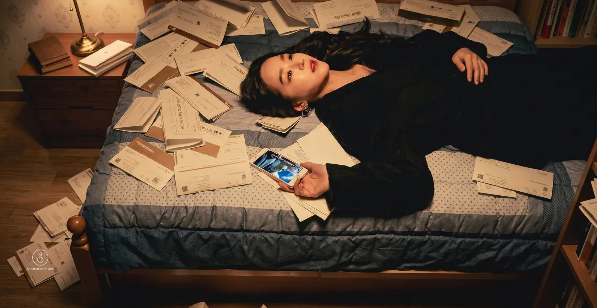 Shin Hye-sun como Han So-ra deitada na cama cercada de envelopes no filme Following She Died.