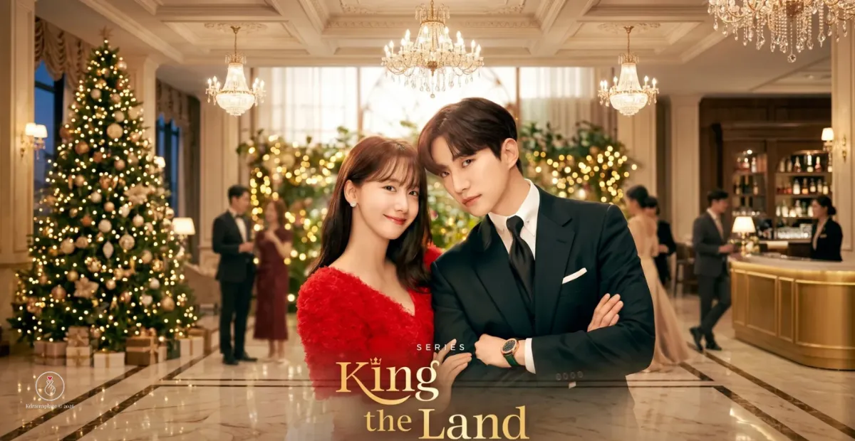 Pôster oficial de destaque do dorama Sorriso Real (King the Land). No centro, o ator Lee Jun-ho, interpretando o elegante herdeiro corporativo Gu Won, veste um terno social de alta costura cinza-escuro risca de giz com gravata azul. Ao lado dele, a atriz Yoona, interpretando a carismática funcionária Cheon Sa-rang, veste um blazer social rosa-claro clássico e sofisticado. Ambos estão de pé, de frente para a câmera, exibindo sorrisos radiantes e elegantes. O cenário de fundo exibe o saguão luxuoso de mármore do King Hotel iluminado com tons dourados e quentes. No centro superior consta o título King the Land em letras douradas estilizadas e no canto inferior esquerdo a marca d'água digital do site Kdramaplace 2026.