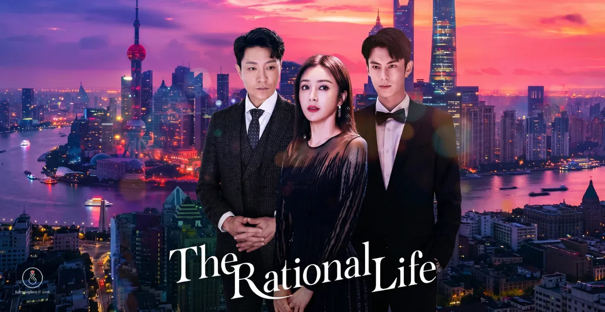 Pôster de destaque do dorama The Rational Life para a imagem de capa do post. No centro, a atriz Qin Lan, interpretando Shen Ruoxin, veste um vestido preto de gala transparente e sofisticado com os cabelos longos soltos. Do lado esquerdo, um homem de terno risca de giz escuro e gravata observa de braços cruzados. Do lado direito, o ator Dylan Wang, interpretando Qi Xiao, veste um smoking preto impecável com gravata borboleta e camisa branca. O cenário ao fundo é a vista panorâmica da cidade de Xangai ao anoitecer, exibindo o rio e a famosa torre Oriental Pearl Tower sob um céu com tons vibrantes de rosa e roxo. No centro inferior está escrito o título The Rational Life em caligrafia branca estilizada e no canto inferior esquerdo consta a marca d'água digital Kdramaplace 2026.