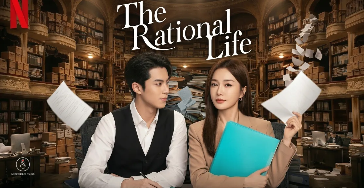 Pôster oficial do dorama The Rational Life para o meio do post. No centro, o ator Dylan Wang, interpretando o assistente Qi Xiao, veste uma camisa social branca com colete preto e olha de perfil com admiração para a protagonista. Ao lado dele, a atriz Qin Lan, interpretando a executiva Shen Ruoxin, veste um blazer bege elegante, segura uma pasta azul clara e ergue folhas de papel em branco com uma expressão focada. O cenário ao fundo é um escritório jurídico imenso e clássico, com estantes de livros gigantescas que sobem até o teto e papéis flutuando no ar. No topo está o título The Rational Life em letras brancas tridimensionais, no canto superior esquerdo o logotipo vermelho da Netflix e no canto inferior esquerdo a marca d'água Kdramaplace 2026.
