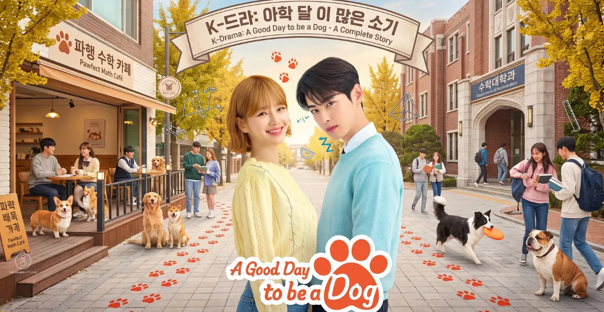 Imagem promocional ilustrada do dorama coreano Um Bom Dia para ser um Cachorro (A Good Day to be a Dog), mostrando os protagonistas Park Gyu-young e Cha Eun-woo no centro, cercados por cachorros e um ambiente escolar com estudantes.
