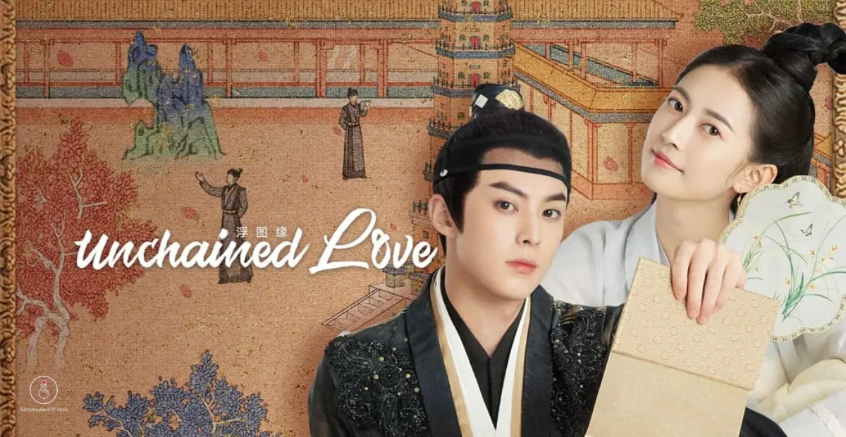 Pôster oficial do drama chinês Unchained Love (Amor Desencadeado), com o ator Dylan Wang caracterizado como o poderoso eunuco Xiao Duo em trajes pretos imperiais e a atriz Yukee Chen ao fundo segurando um leque tradicional de seda, com um fundo em estilo de pintura clássica chinesa.