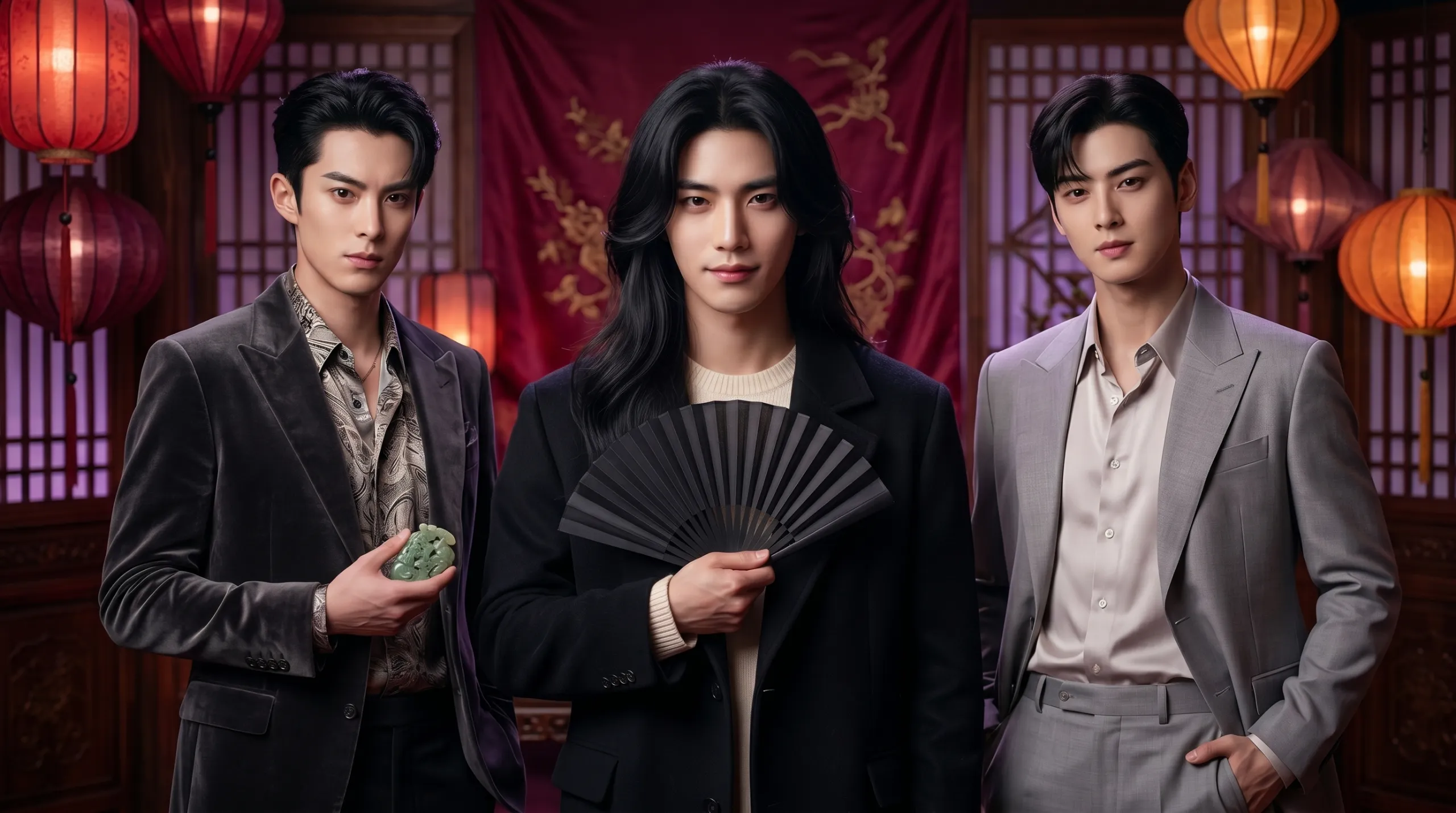 Dylan Wang e Cha Eun-woo ao lado de um personagem masculino criado por inteligência artificial, vestindo ternos elegantes em um cenário tradicional asiático com luminárias.
