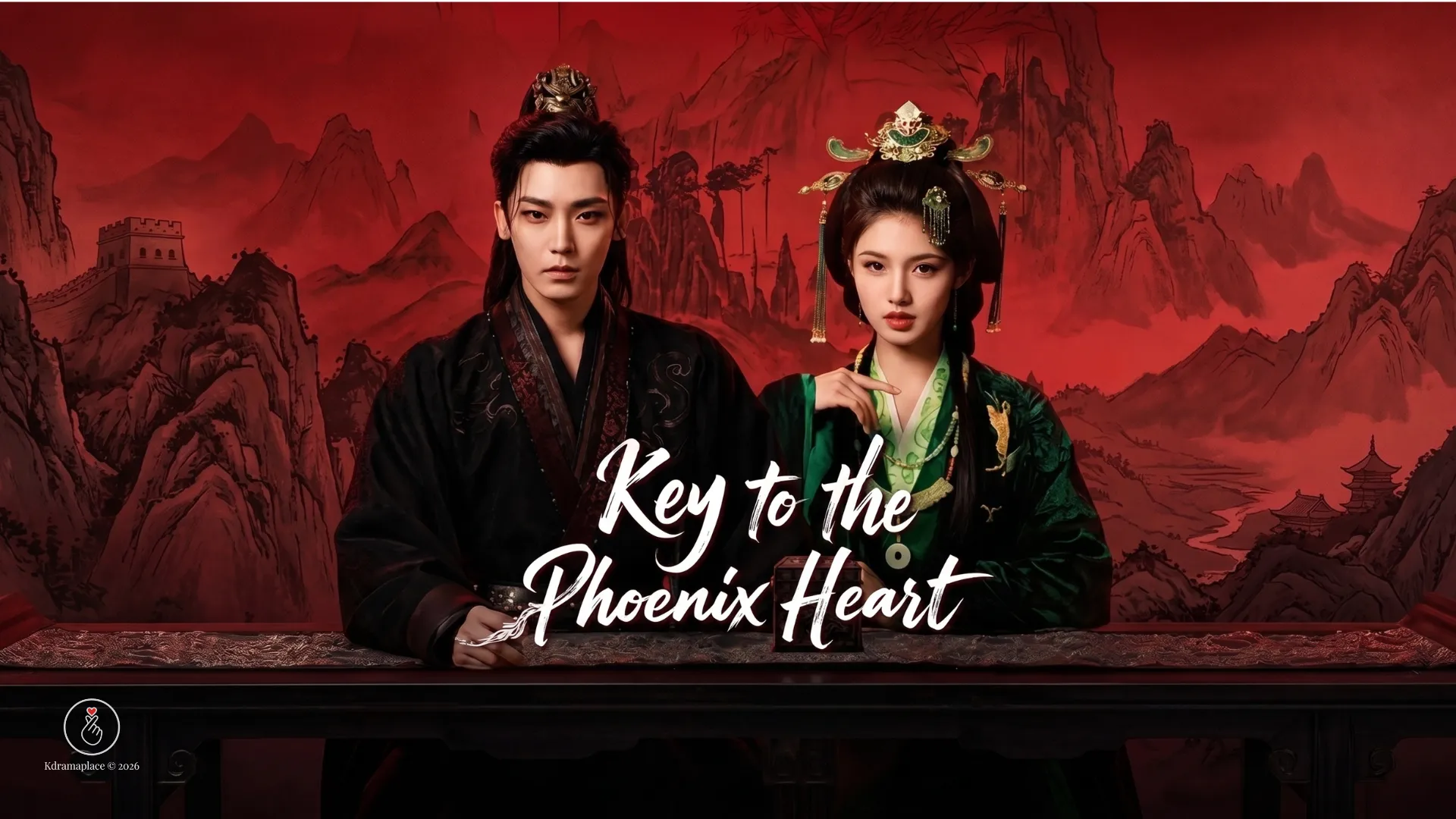 Pôster promocional de Key to the Phoenix Heart com o casal de protagonistas posando com roupas tradicionais da realeza contra um fundo vermelho com montanhas ilustradas.