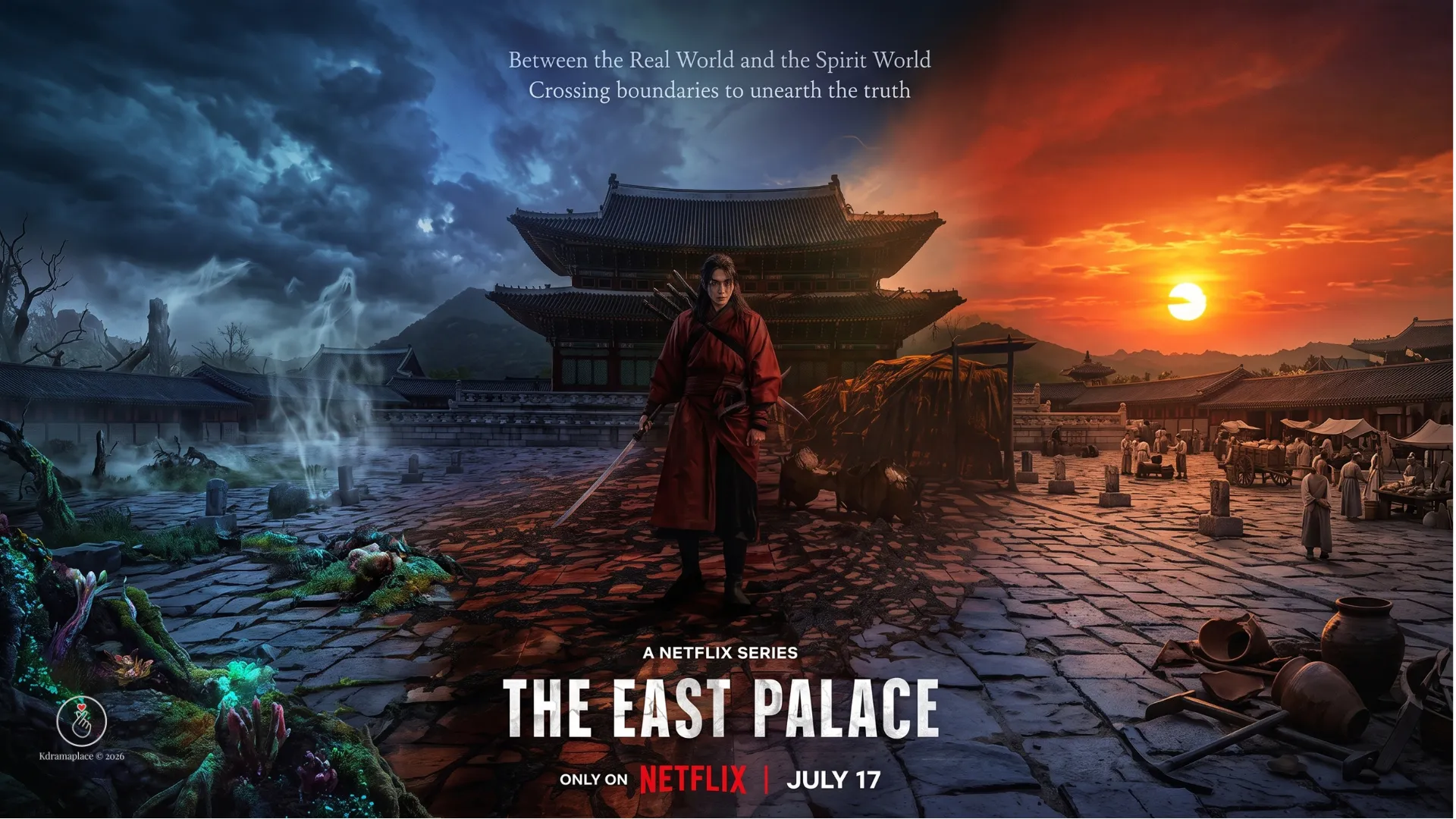 Pôster oficial de The East Palace mostrando o protagonista Nam Yoon-su no centro, dividindo um cenário místico azulado e um pôr do sol alaranjado no pátio do palácio.