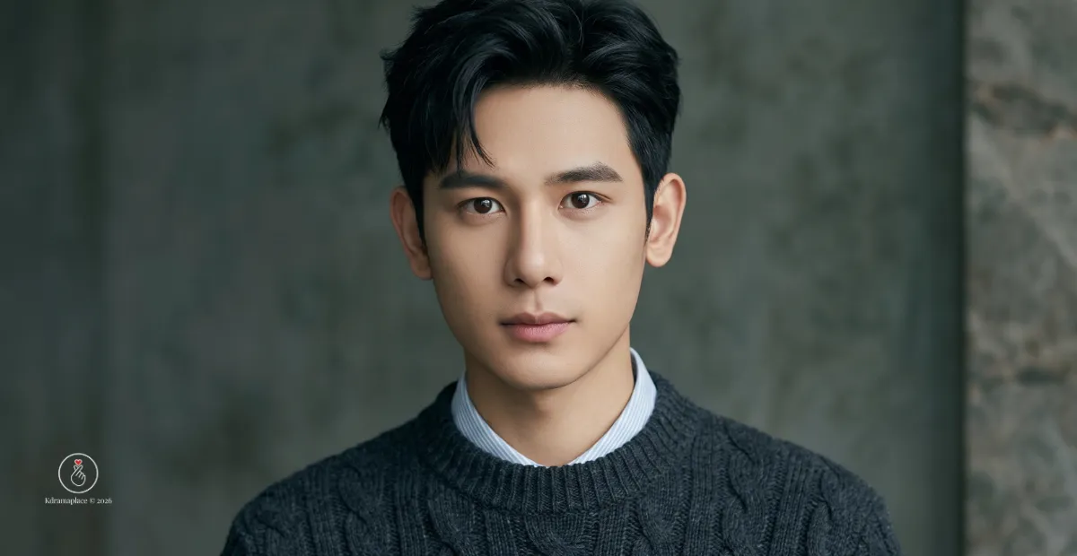 Foto panorâmica em close do ator Hu Xianxu vestindo suéter de tricô escuro sobre camisa social, com a marca d'água do Kdramaplace para o dorama Os 10 Dias Infinitos.