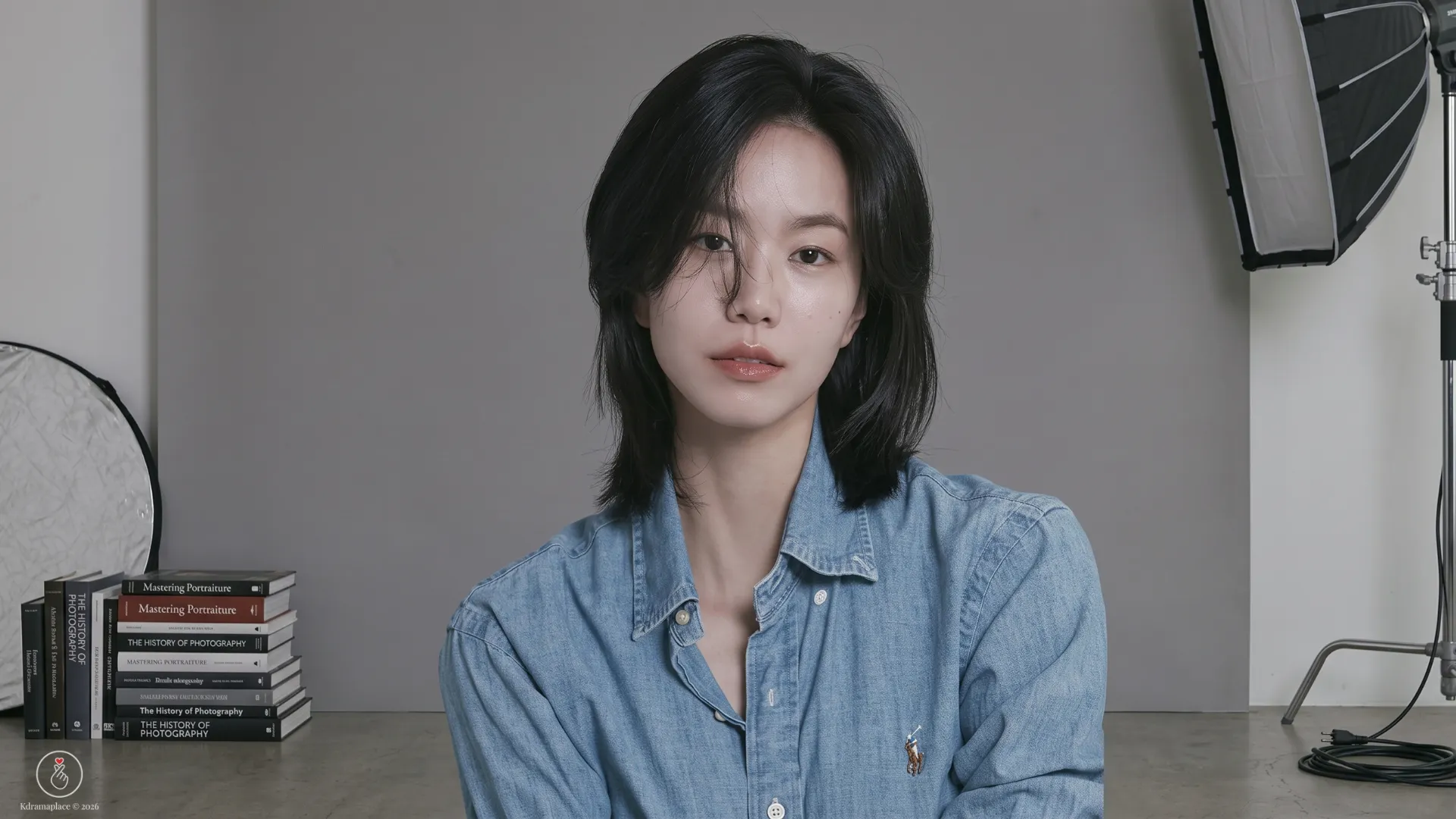 A atriz sul-coreana Lee Seol com cabelo curto e camisa jeans interpretando a esposa misteriosa no dorama O Marido.