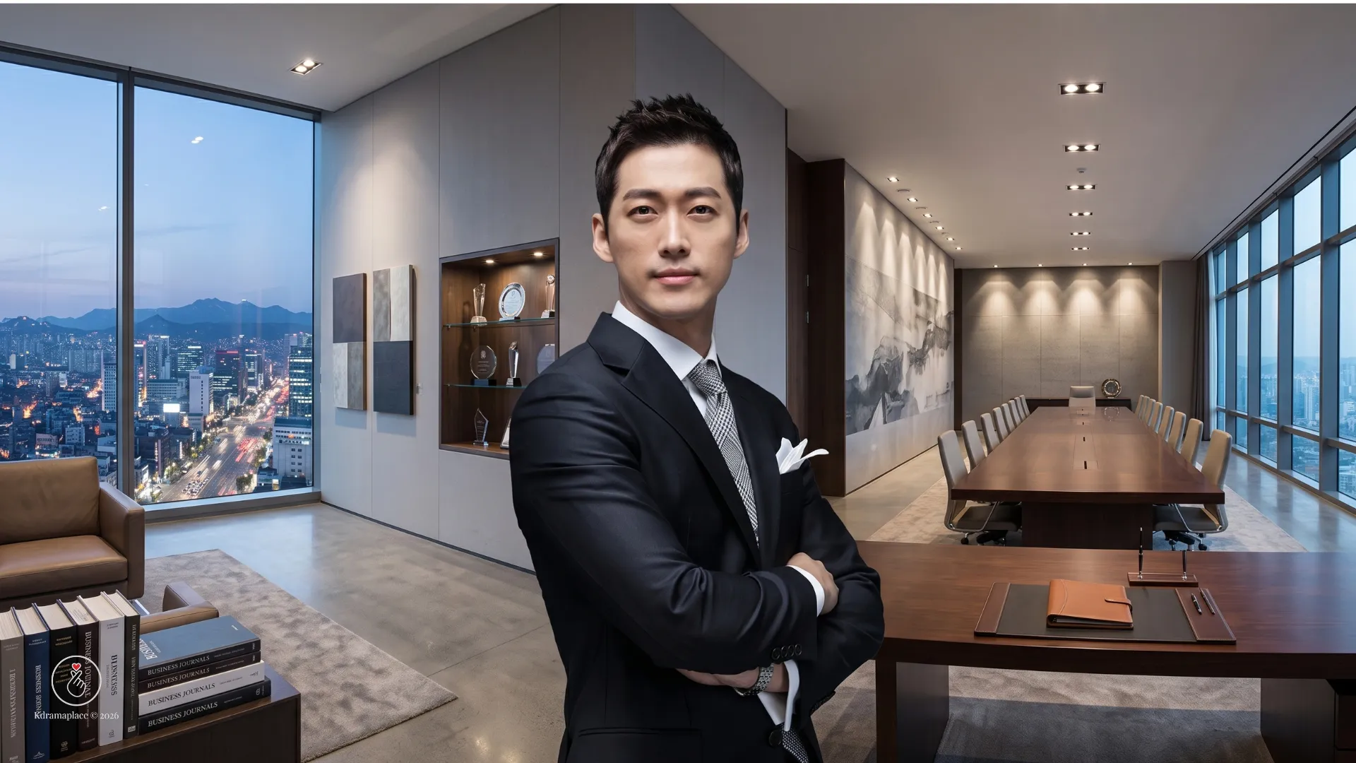 O ator Namkoong Min interpretando o protagonista Kang Tae-joo em um escritório executivo de luxo em Seul no dorama O Marido.