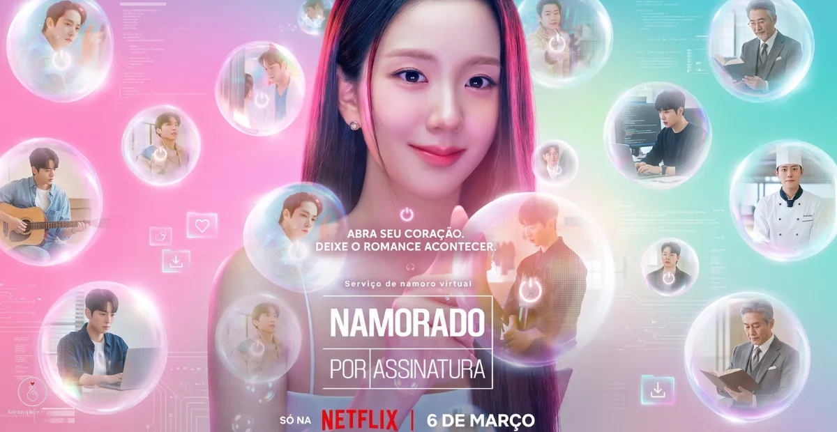 Pôster promocional focado na personagem de Jisoo cercada por bolhas digitais com os rostos de namorados virtuais em Namorado por Assinatura.