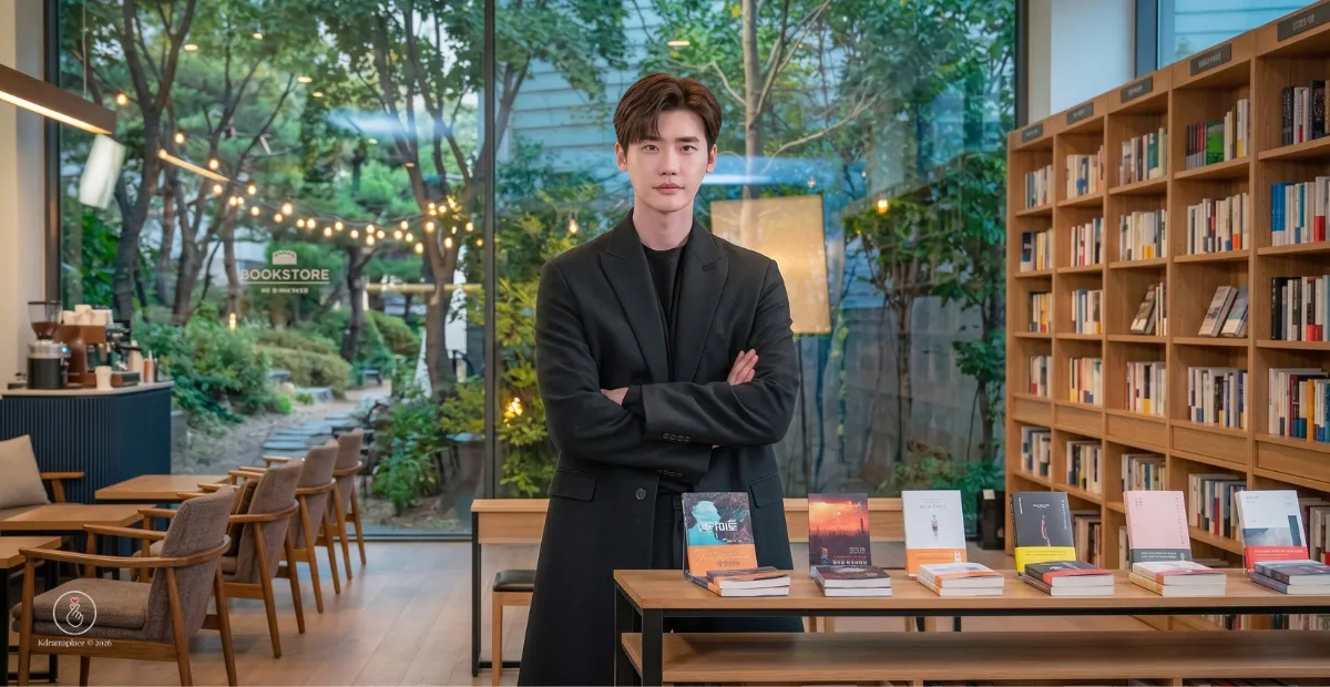 Imagem panorâmica do ator Lee Jong-suk de casaco preto com braços cruzados em uma livraria elegante integrada a um café e jardim.