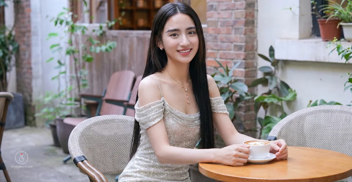 Foto panorâmica da atriz Vanda Margraf sorrindo com um vestido brilhante em uma mesa de café, com a marca d'água do Kdramaplace para o dorama Os 10 Dias Infinitos.