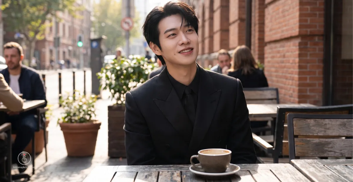 O ator Wei Daxun sorrindo de terno preto sentado em um café ao ar livre com uma xícara em imagem panorâmica para o dorama Os 10 Dias Infinitos.