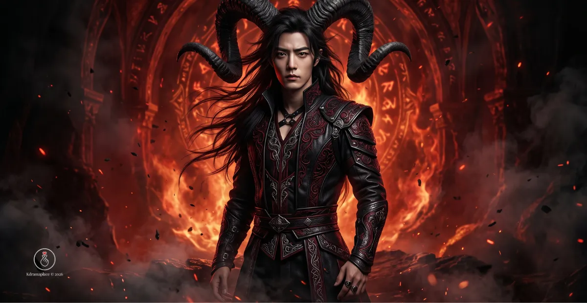 Ilustração panorâmica do dorama Os 10 Dias Infinitos com Xiao Zhan caracterizado com grandes chifres e armadura preta e vermelha diante de um portal rúnico de fogo.