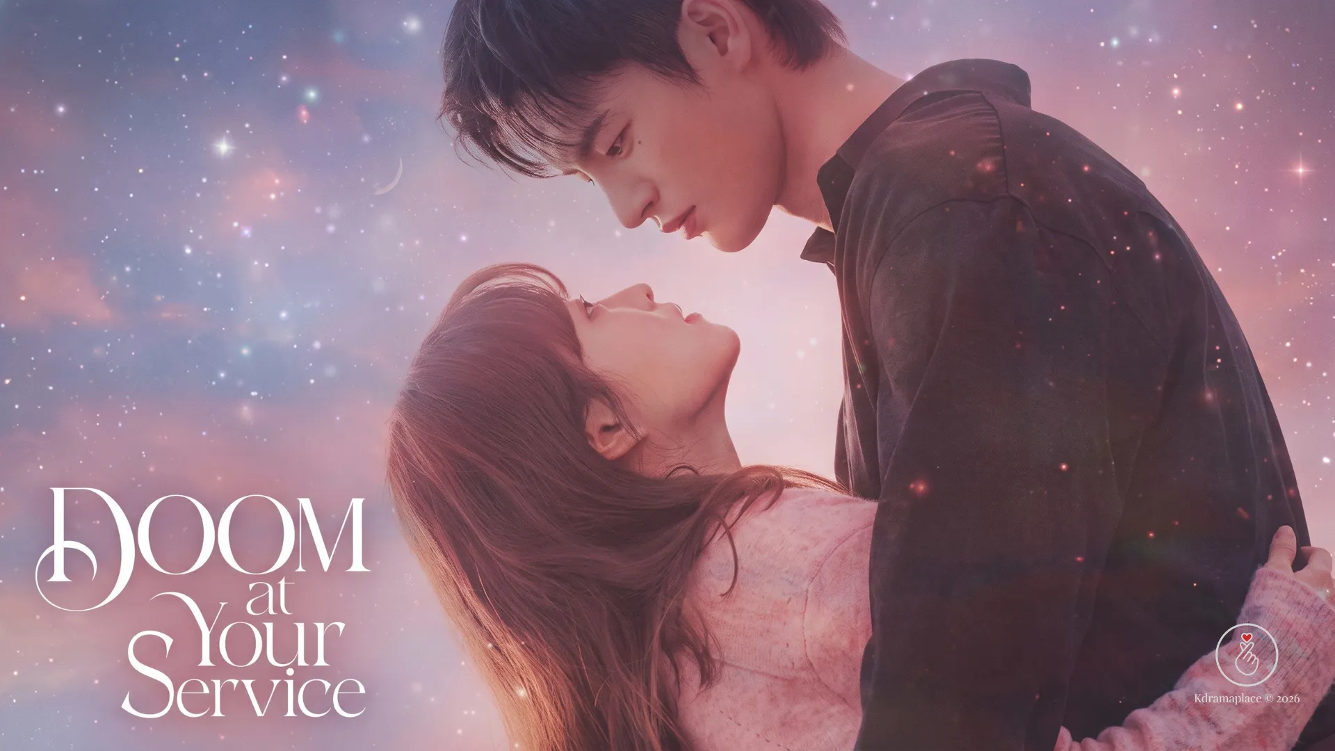 Imagem de capa do dorama Doom at Your Service mostrando o abraço romântico entre Park Bo-young e Seo In-guk sob um céu estrelado.