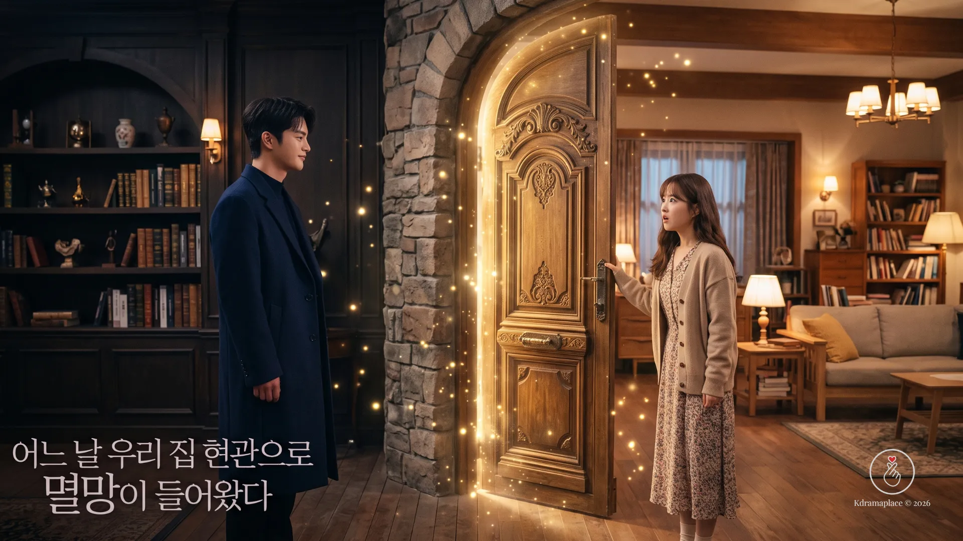 Arte conceitual criada por IA ilustrando a conexão mágica entre as casas dos protagonistas do dorama Desgraça ao Seu Dispor, com uma porta iluminada por faíscas douradas unindo os dois ambientes.