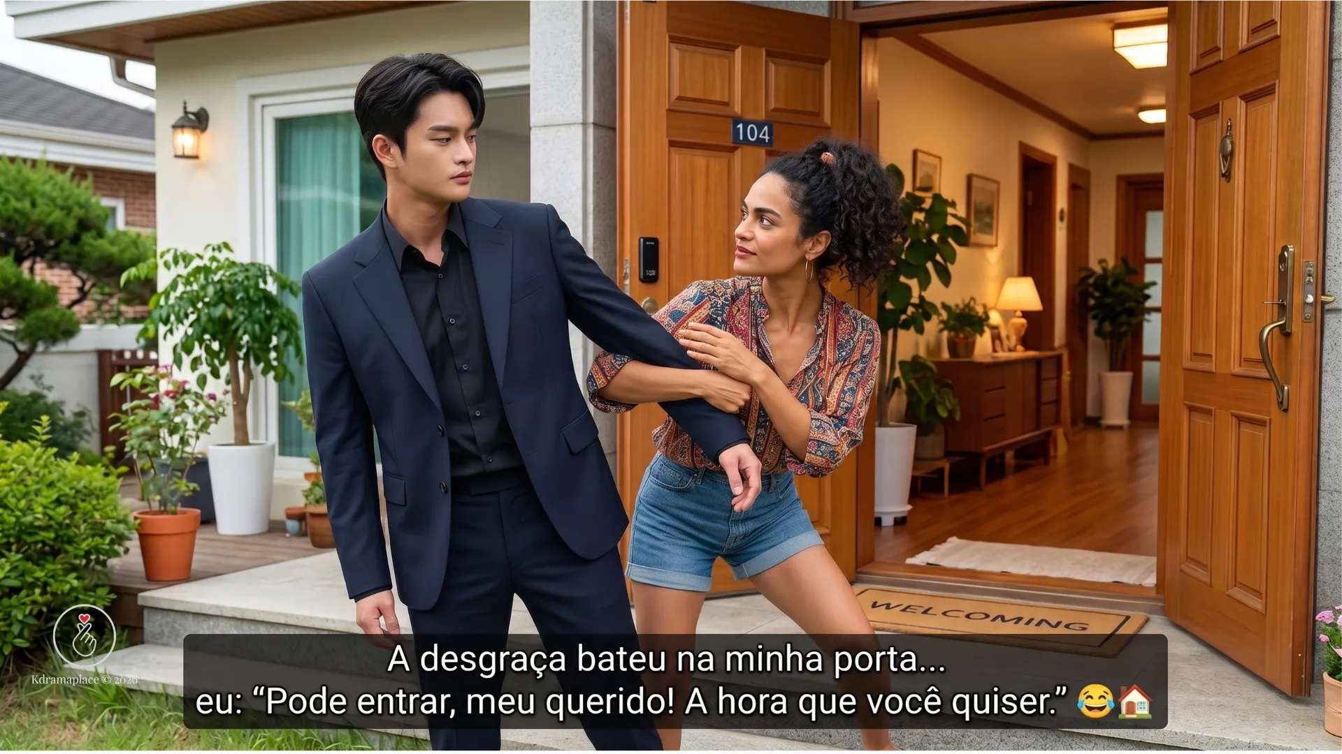 Meme em português do dorama Desgraça ao Seu Dispor com uma mulher puxando o braço do personagem Myul Mang para dentro de casa.