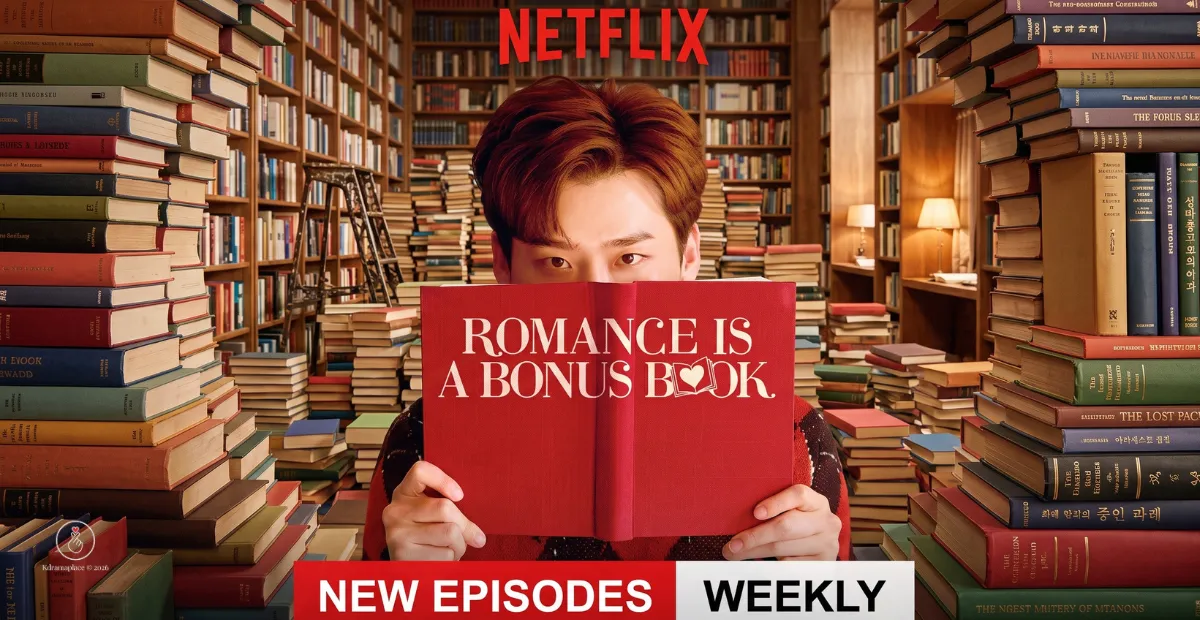 Imagem panorâmica promocional da Netflix para o dorama Romance is a Bonus Book, destacando o ator Lee Jong-suk escondendo o rosto atrás de um livro vermelho em uma biblioteca repleta de livros.