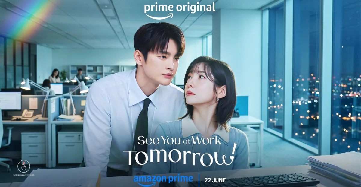 Pôster oficial do dorama See You at Work Tomorrow com o casal protagonista se olhando no escritório.