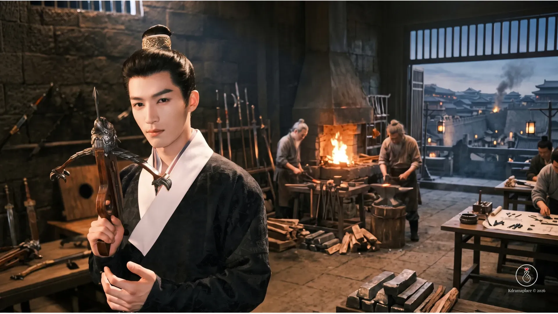 Ator Wang Xingyue como o general Yuwen Hong Ce usando vestes históricas escuras e segurando uma besta de metal detalhada em uma oficina de armas com ferreiros ao fundo.