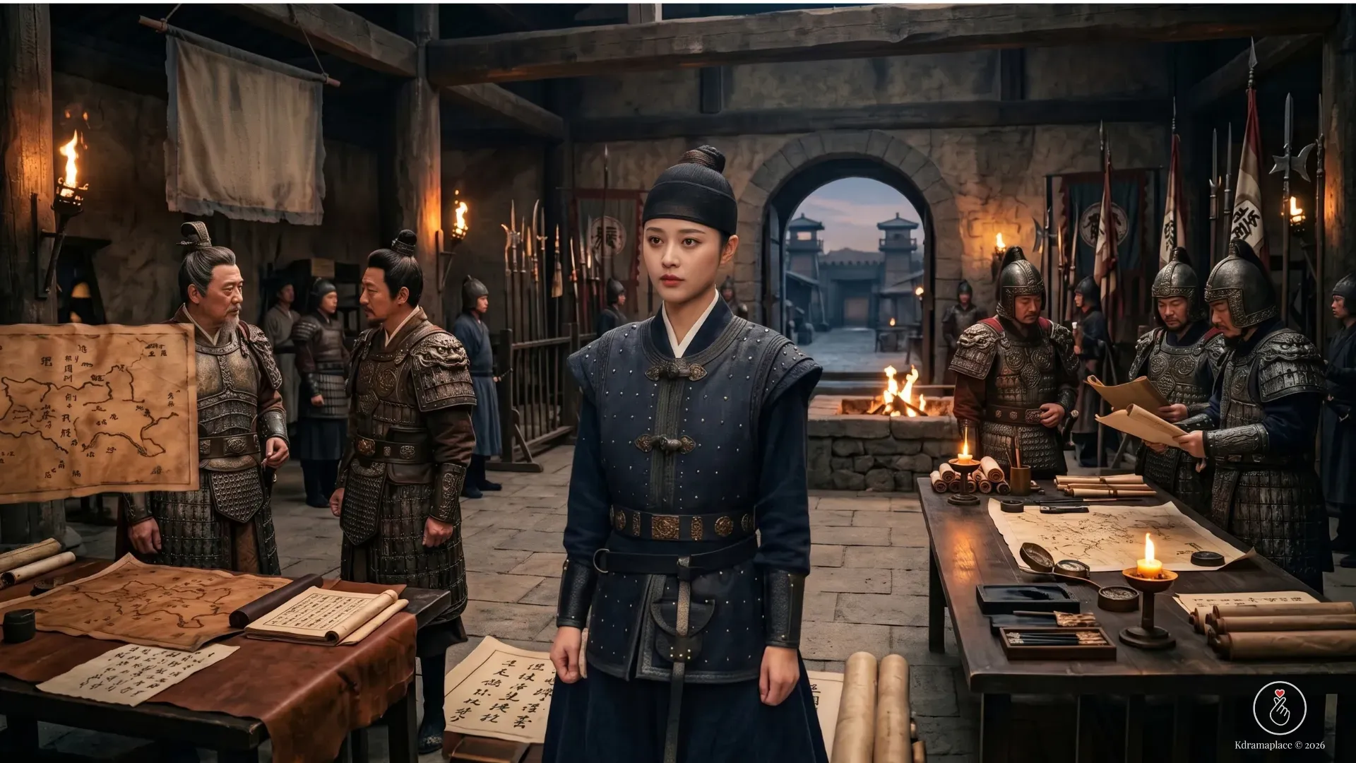 Atriz Xu Ruohan caracterizada com trajes militares masculinos azuis escuros em pé no centro de um quartel general cercada por oficiais e mapas antigos da corte imperial.