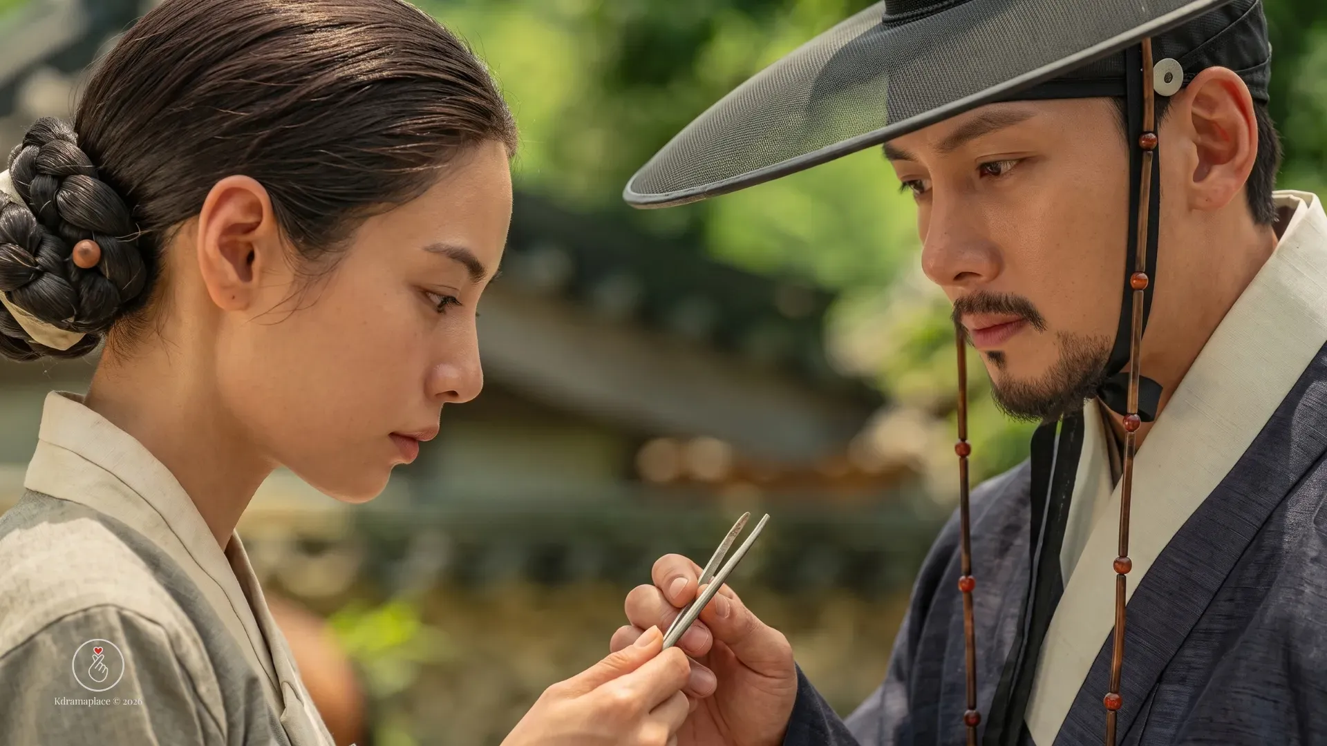 Cena de perfil do dorama The Scandal mostrando o ator Ji Chang-wook de chapéu olhando fixamente para a atriz Nana, que interpreta a jovem viúva Hui-yeon, enquanto ele segura um objeto de metal perto das mãos dela.