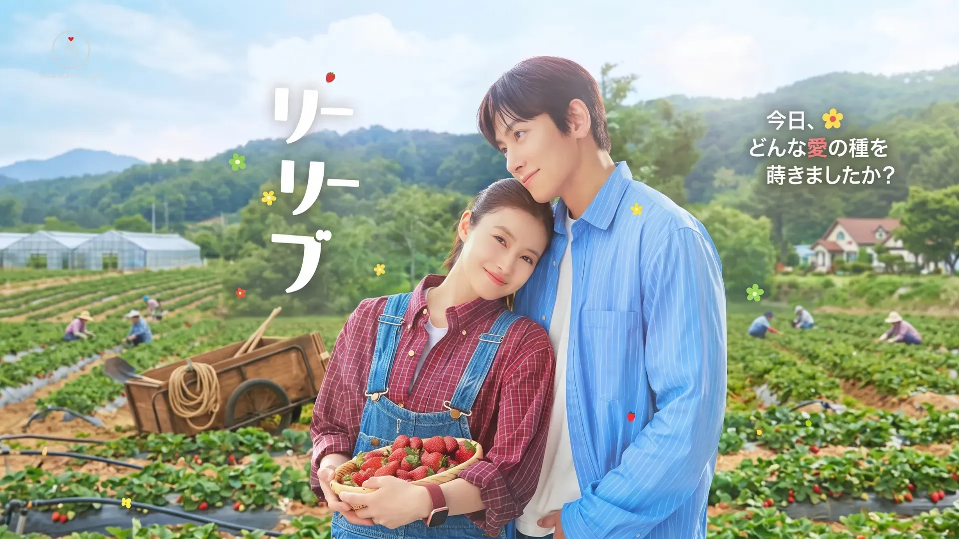 Pôster promocional do dorama Merry Berry Love mostrando o ator Ji Chang-wook de camisa social azul clara sorrindo abraçado com a atriz Imada Mio, que veste macacão jeans e segura uma cesta de morangos em uma plantação rural ao ar livre.