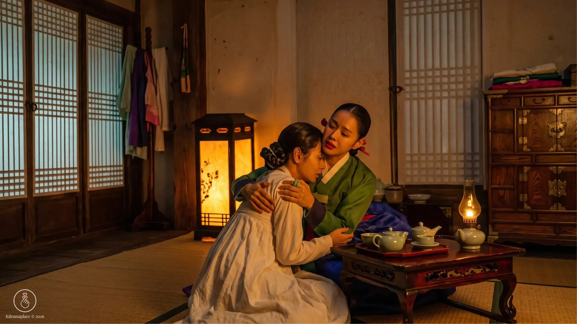 Cena do dorama The Scandal mostrando a atriz Son Ye-jin como Lady Cho vestindo um hanbok verde e azul, abraçando a outra protagonista Hui-yeon (Nana), que está em prantos dentro de um quarto tradicional iluminado por uma lamparina.