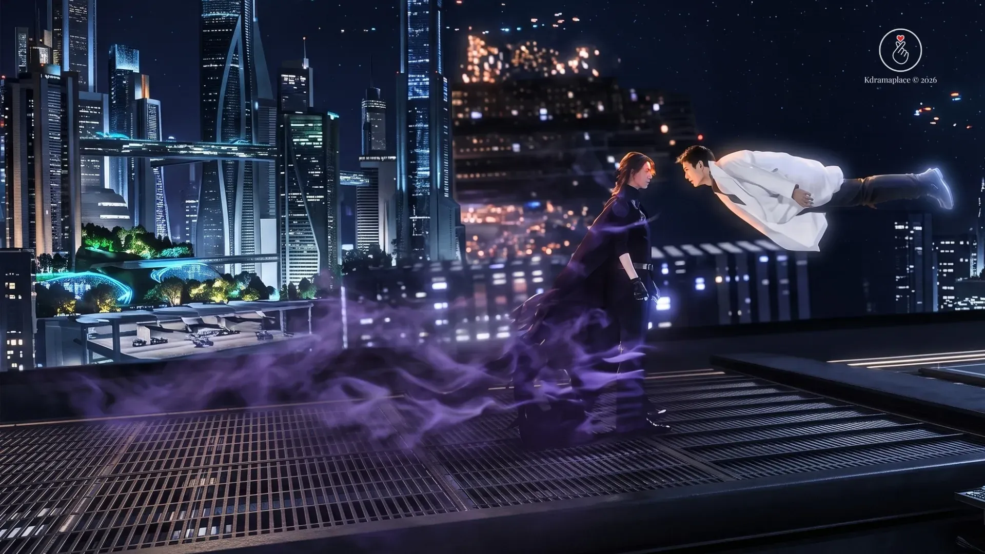  Personagem Dr. Won levitando no ar em formato espiritual diante do Ceifador Sibsi no topo de um prédio com uma cidade futurista iluminada ao fundo no dorama The Grim Lover.