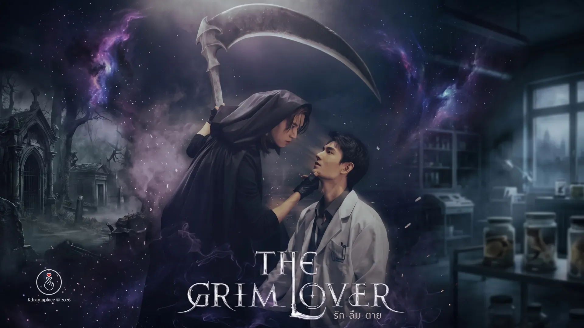 Pôster oficial do drama tailandês The Grim Lover mostrando o ator Pooh Krittin vestido de Ceifador de Almas com uma foice e o ator Pavel Naret de jaleco de médico.