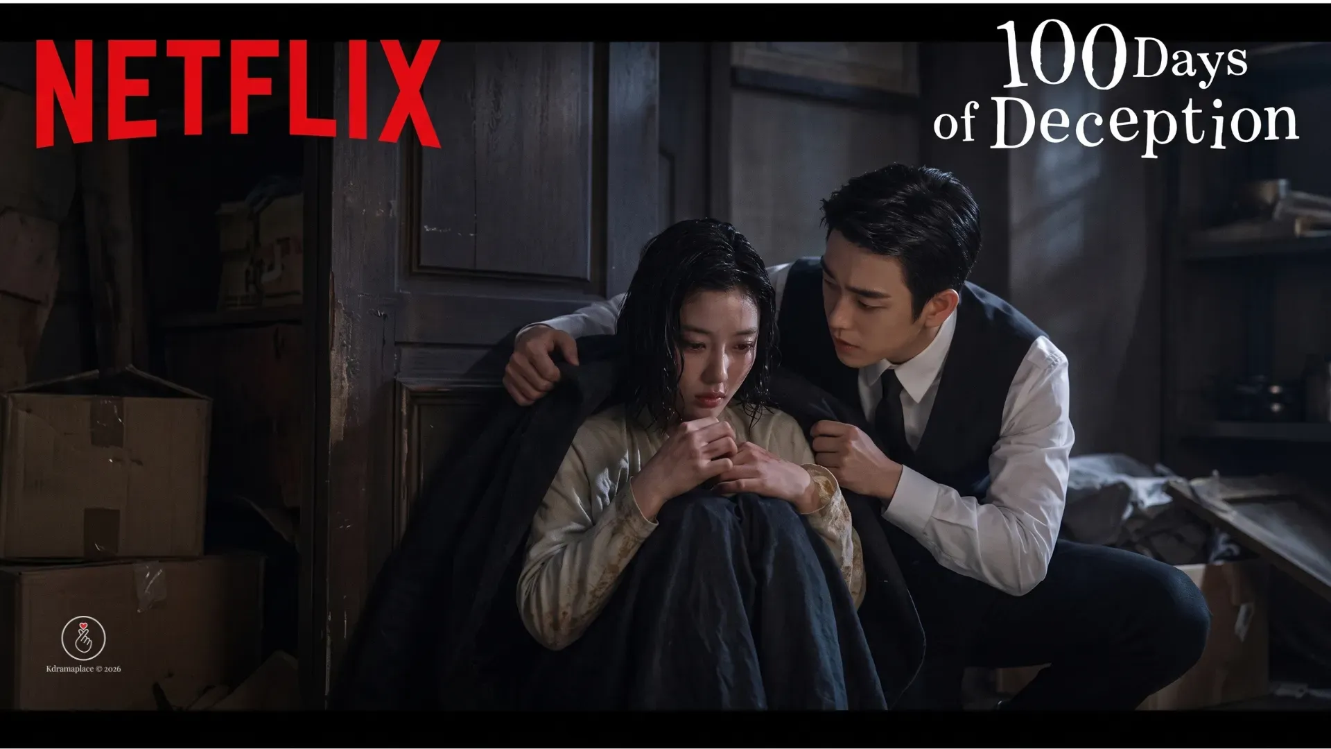 Yoo Philip cobrindo Lee Ga-kyung com um casaco escuro em um esconderijo rústico durante cena dramática de 100 Days of Deception.
