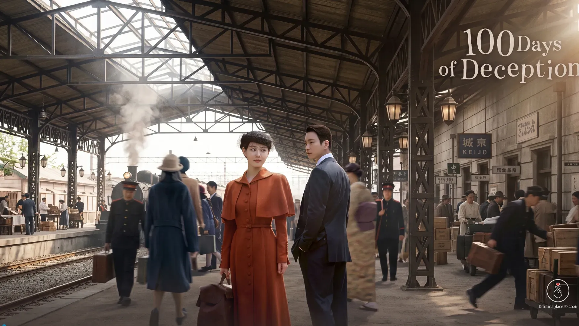 Personagens caracterizados com roupas dos anos 1930 parados em uma plataforma de estação de trem com o título do dorama 100 Days of Deception.