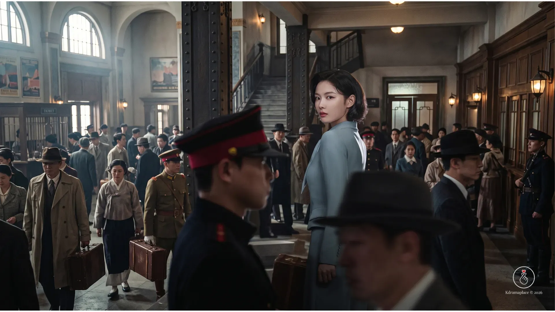  A atriz Kim You-jung interpretando Lee Ga-kyung olhando para trás em meio a uma multidão dentro de uma estação em 100 Dias de Mentiras.