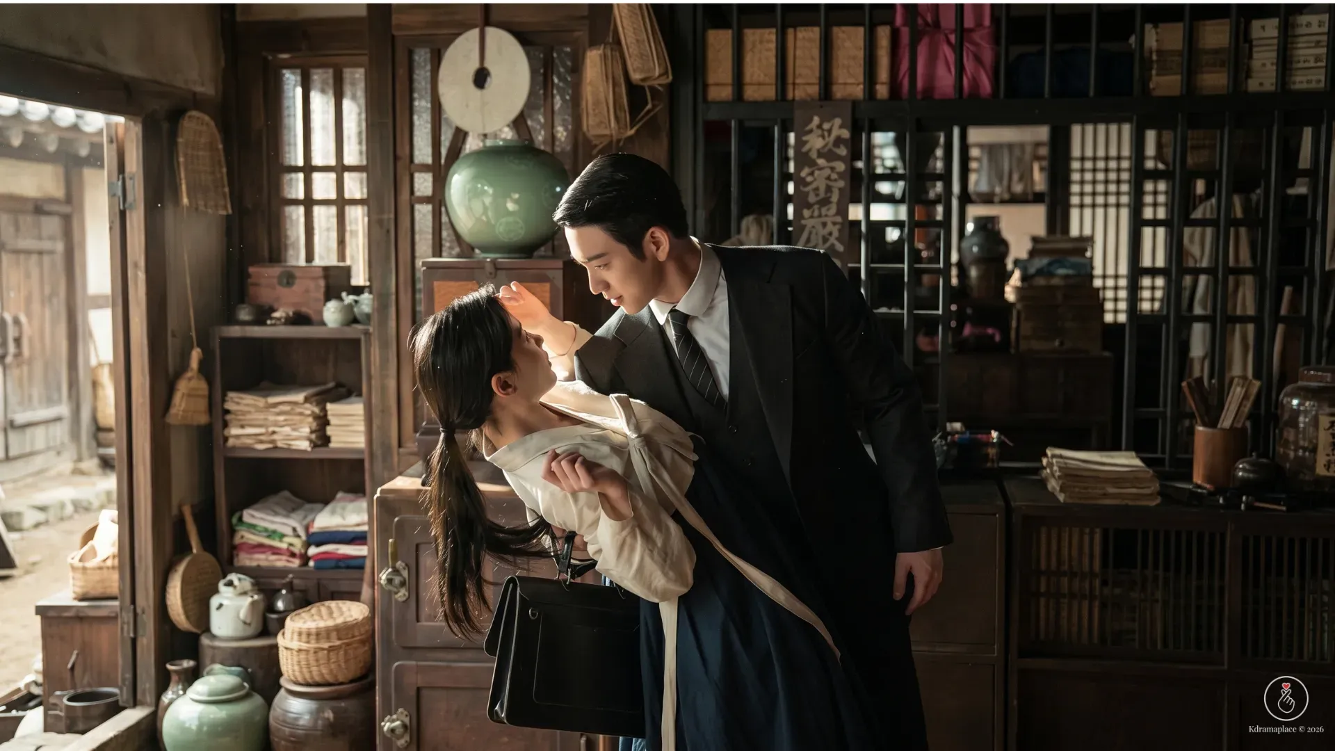 Lee Ga-kyung e Yoo Philip em momento íntimo dentro de um cenário de época dos anos 1930 no dorama 100 Dias de Mentiras.