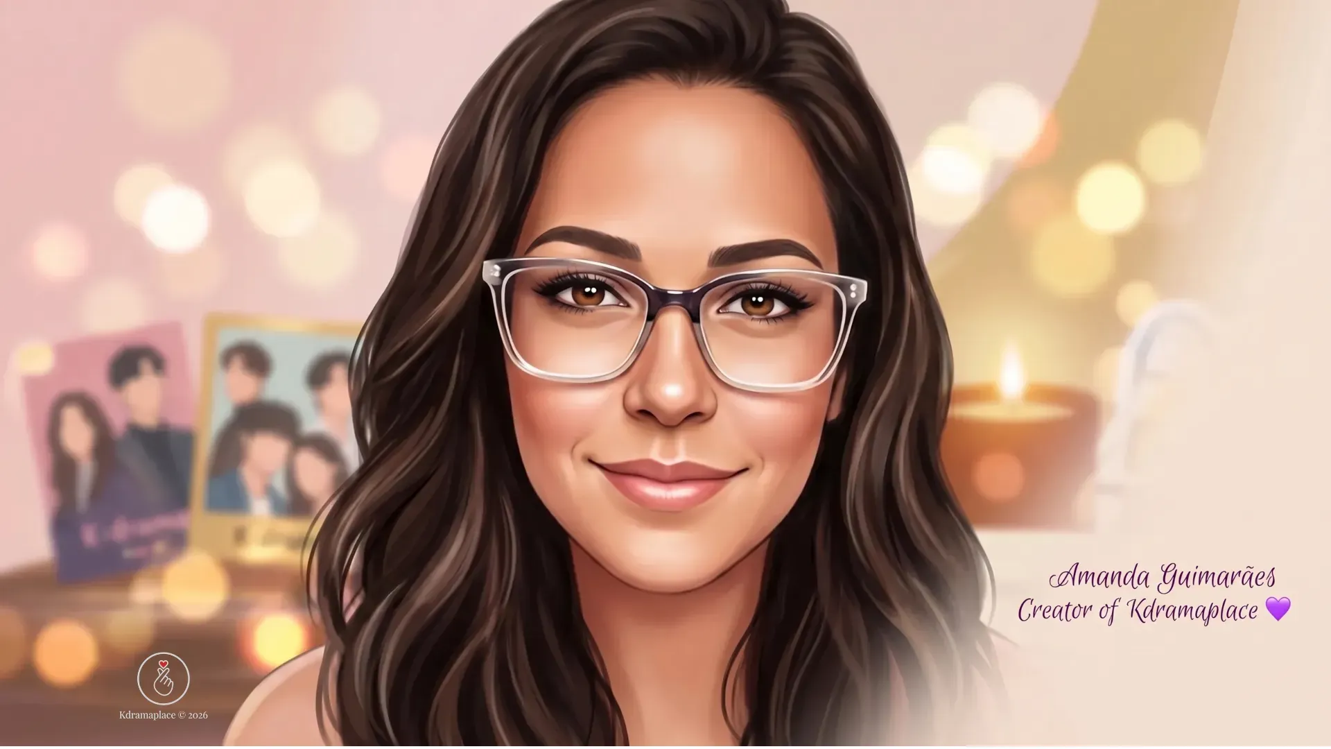 Ilustração digital de Amanda Guimarães, criadora de conteúdo do blog Kdramaplace, usando óculos de armação transparente.