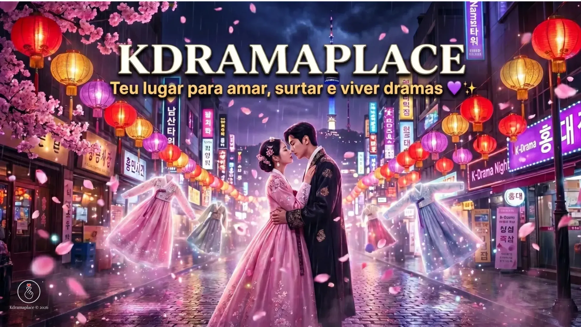 Casal em trajes tradicionais coreanos se abraçando em uma rua iluminada por lanternas com vestidos hanbok flutuando.