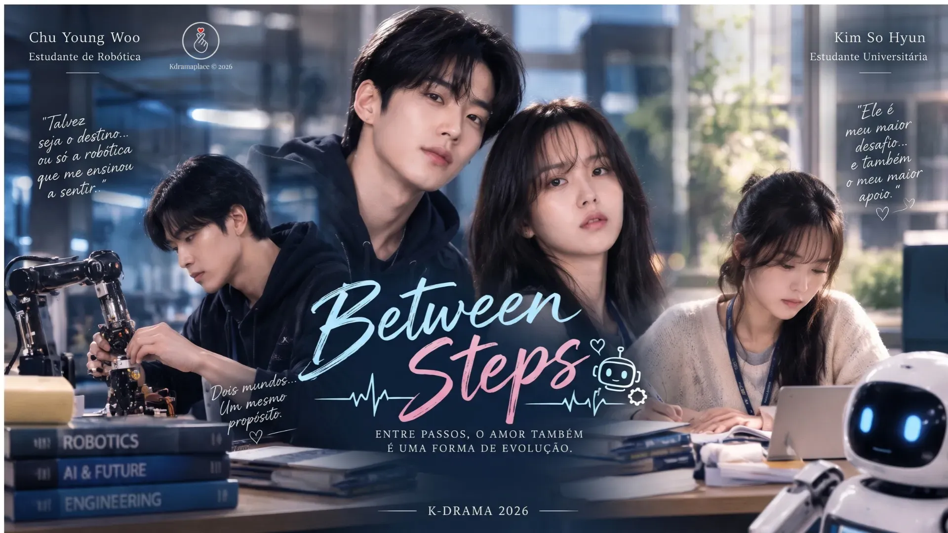 Cartaz promocional criado pelo blog Kdramaplace para o dorama Between Steps 2026, mostrando Choo Young-woo e Kim So-hyun trabalhando com robôs e livros em um laboratório universitário de alta tecnologia.