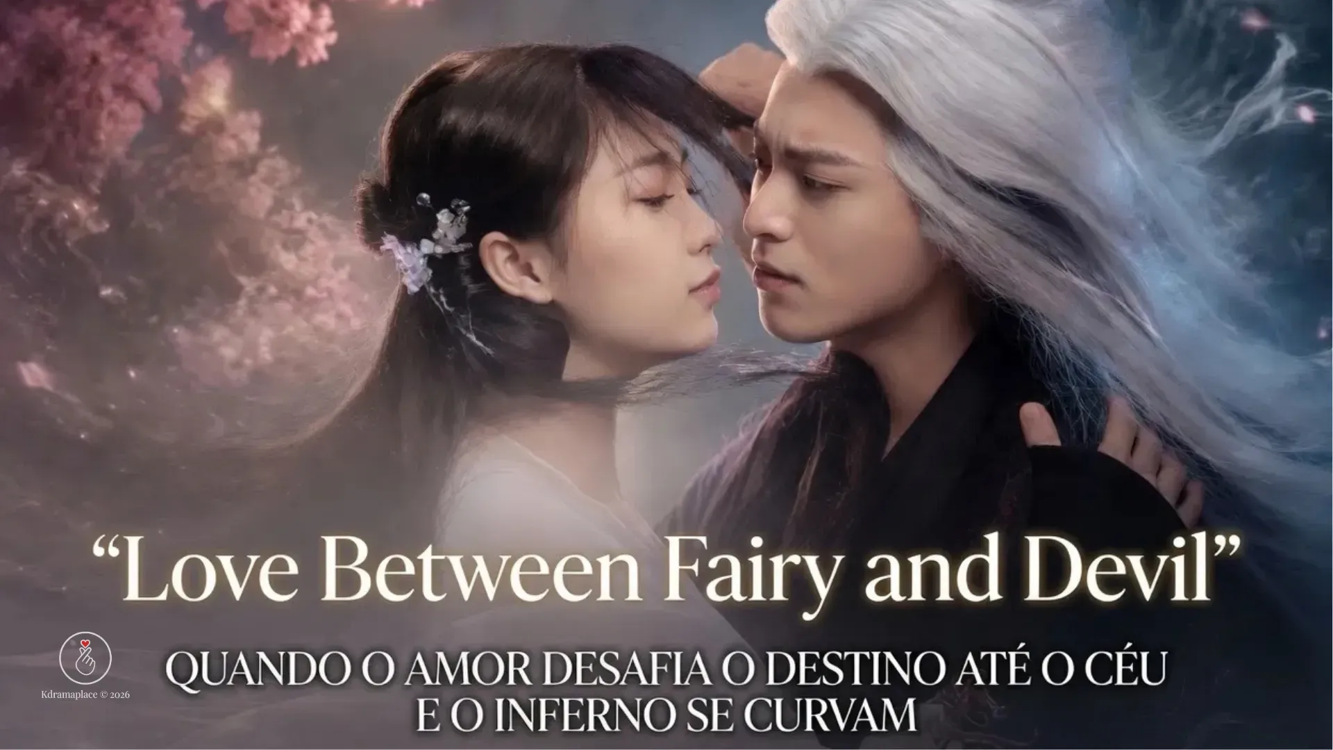 Protagonistas do dorama Love Between Fairy and Devil em pose romântica de perfil com flores ao fundo.